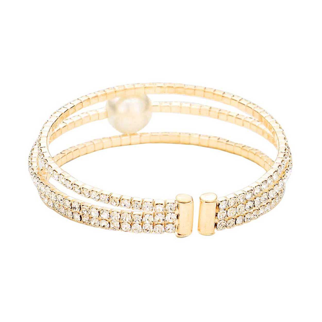 Pearl Accented Split Rhinestone Evening Cuff Bracelet - Madeline Love - Flyclothing LLC