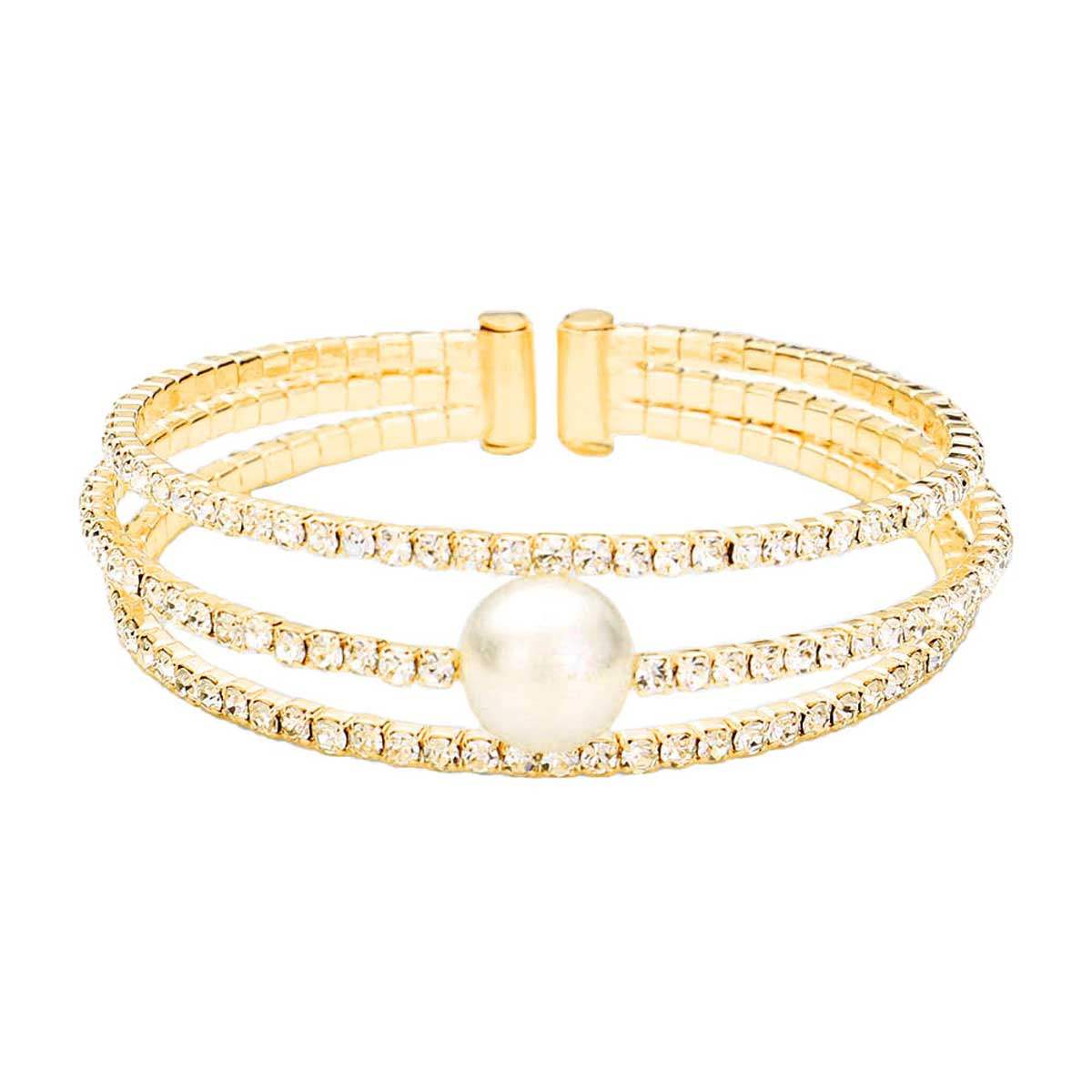 Pearl Accented Split Rhinestone Evening Cuff Bracelet - Madeline Love - Flyclothing LLC