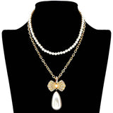 Pearl Chain Rhinestone Pave Ribbon Dangle Pendant Necklace - Madeline Love - Flyclothing LLC