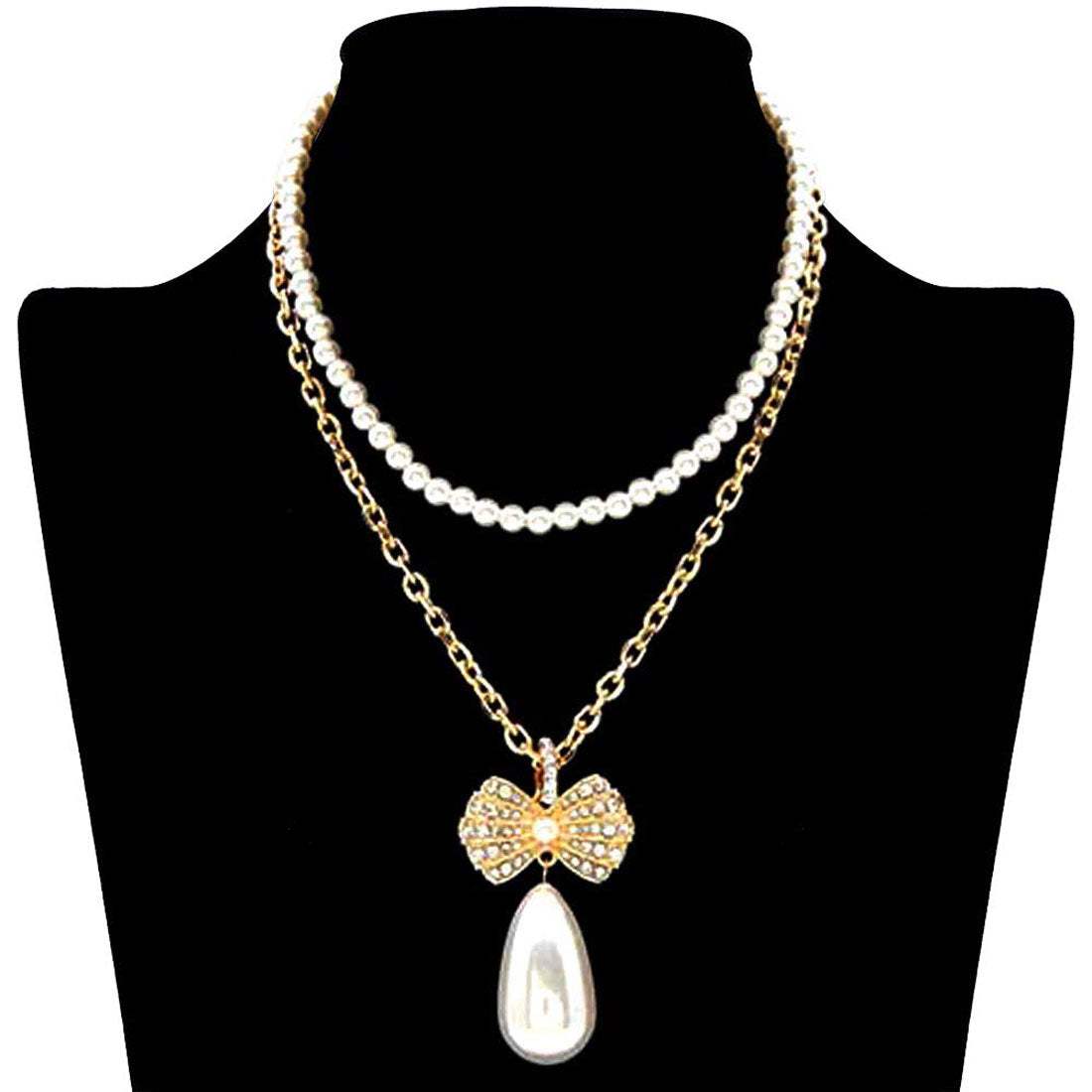 Pearl Chain Rhinestone Pave Ribbon Dangle Pendant Necklace - Madeline Love - Flyclothing LLC