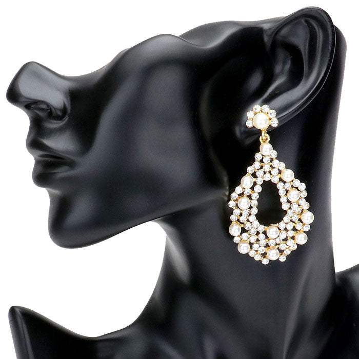 Pearl Detail Rhinestone Open Teardrop Evening Earrings - Madeline Love - Flyclothing LLC