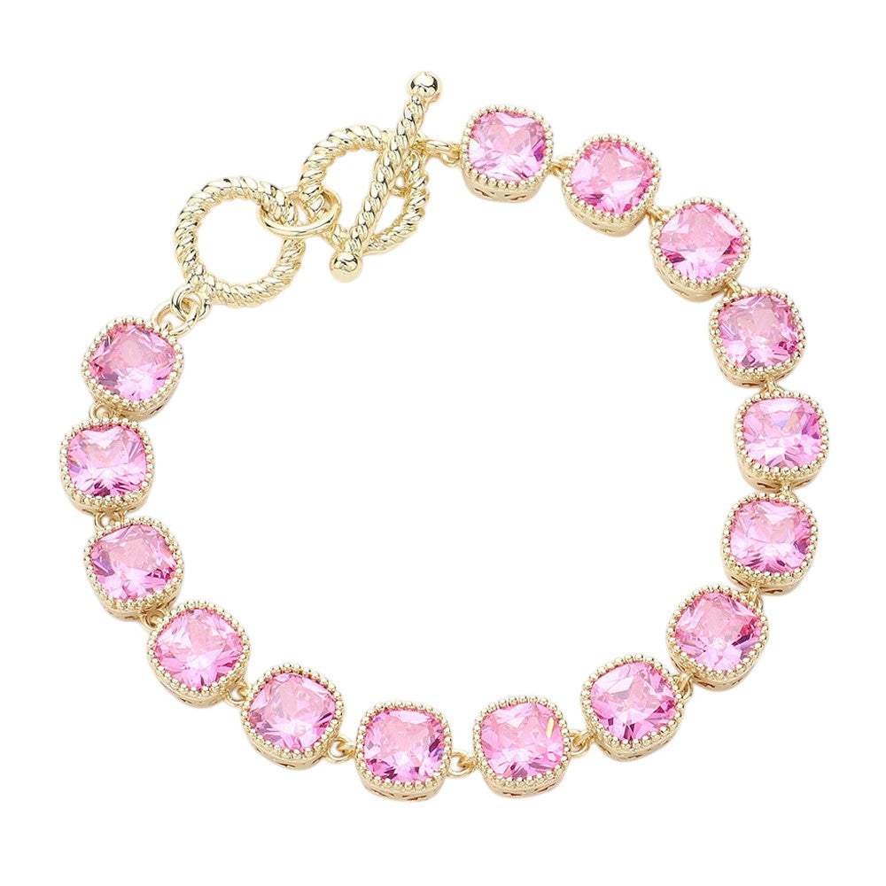 14K Gold Plated Square CZ Stone Link Evening Toggle Bracelet - Madeline Love - Flyclothing LLC