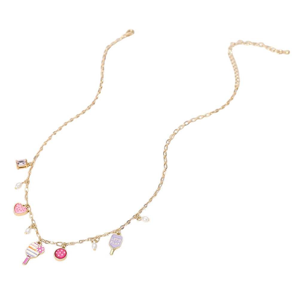 Lets Play Message Enamel Pickleball Pearl Charm Station Necklace - Madeline Love - Flyclothing LLC