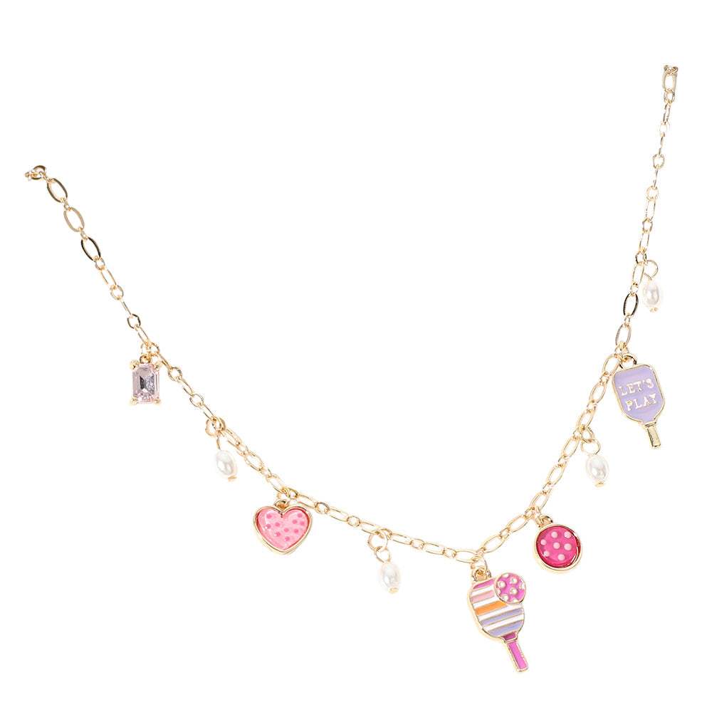 Lets Play Message Enamel Pickleball Pearl Charm Station Necklace - Madeline Love - Flyclothing LLC