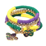 4PCS - Mardi Gras Fleur de Lis Eye Mask Charm Heishi Beaded Stretch Multi Layered Bracelets - Madeline Love - Flyclothing LLC