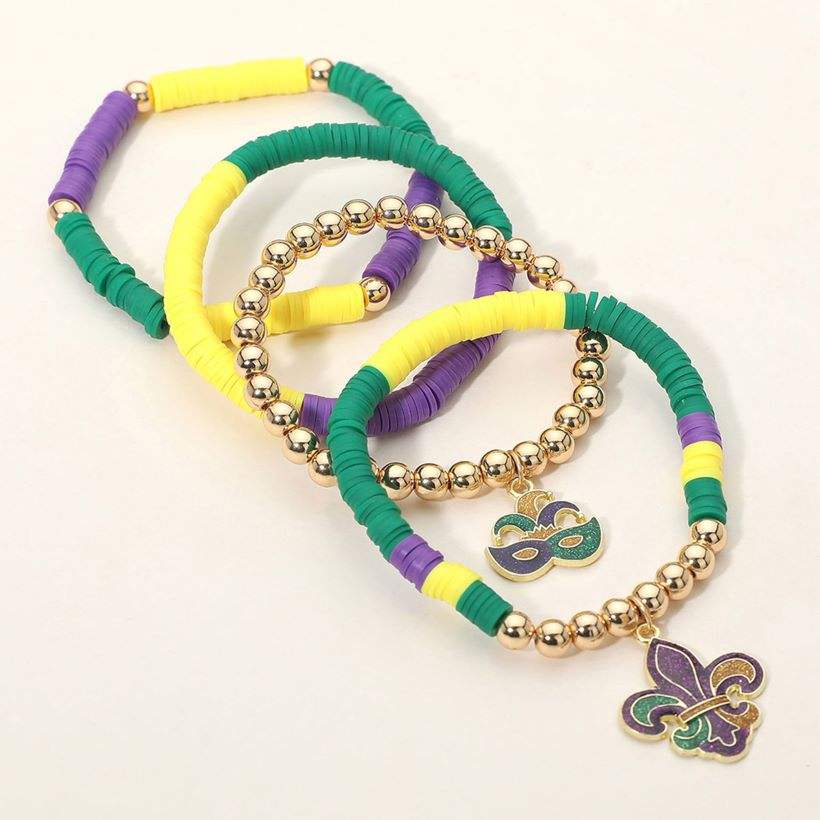 4PCS - Mardi Gras Fleur de Lis Eye Mask Charm Heishi Beaded Stretch Multi Layered Bracelets - Madeline Love - Flyclothing LLC