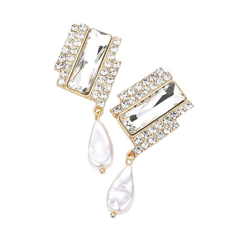 Rectangle Stone Freshwater Pearl Dangle Evening Earrings - Madeline Love - Flyclothing LLC