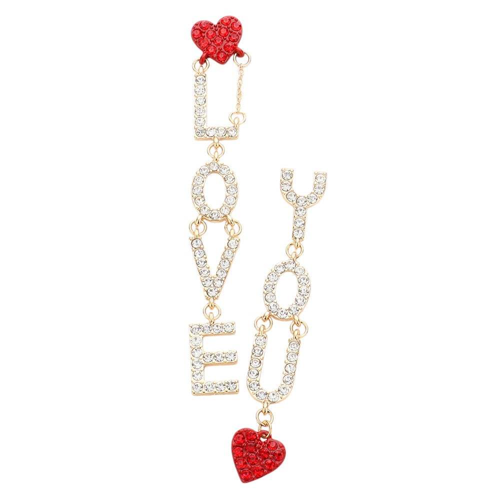 LOVE YOU Rhinestone Embellished Heart Message Mismatched Dangle Earrings - Madeline Love - Flyclothing LLC