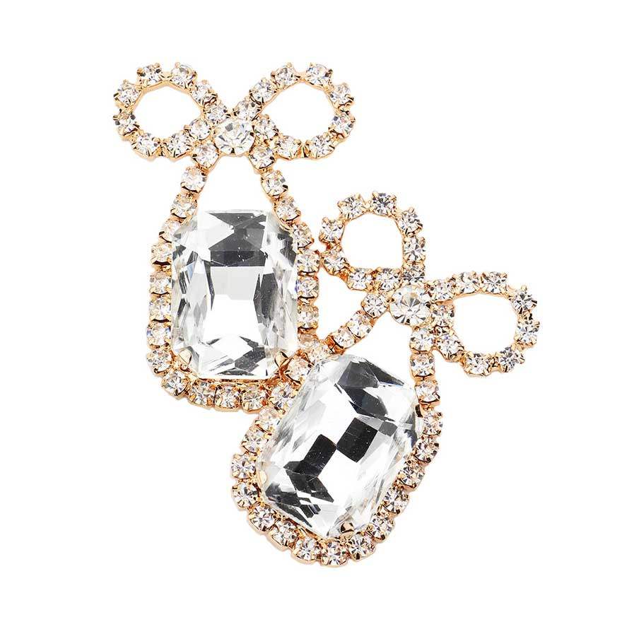 Rhinestone Bow Emerald Cut Stone Evening Earrings - Madeline Love - Flyclothing LLC