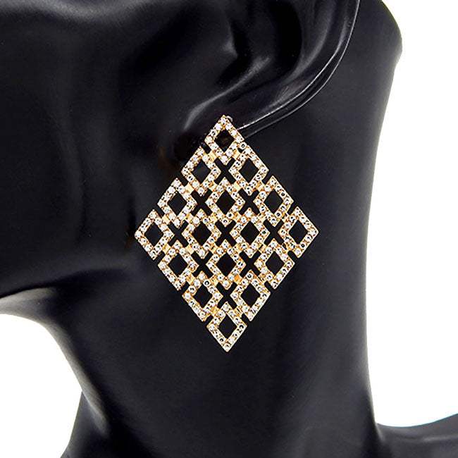 Rhinestone Embellished Diamond Shaped Metal Hoop Earrings - Madeline Love - Flyclothing LLC