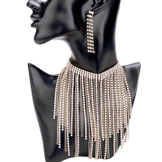 Rhinestone Fringe Bib Choker Necklace - Madeline Love - Flyclothing LLC