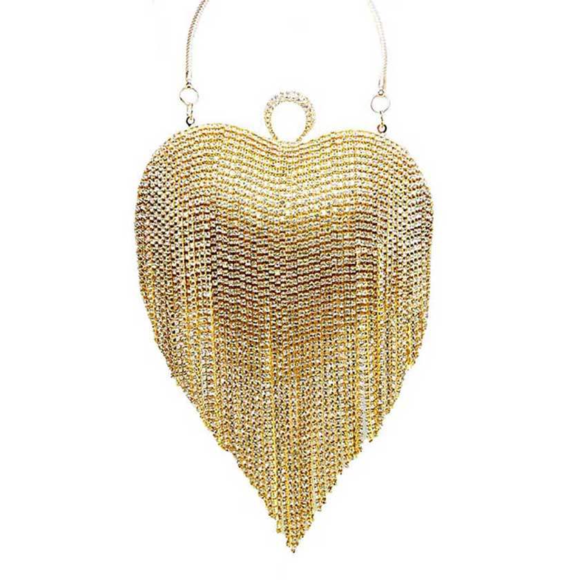 Rhinestone Fringe Heart Evening Tote Clutch Crossbody Bag - Madeline Love - Flyclothing LLC