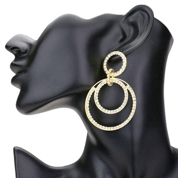 Rhinestone Pave Double Open Circle Dangle Evening Earrings - Madeline Love - Flyclothing LLC