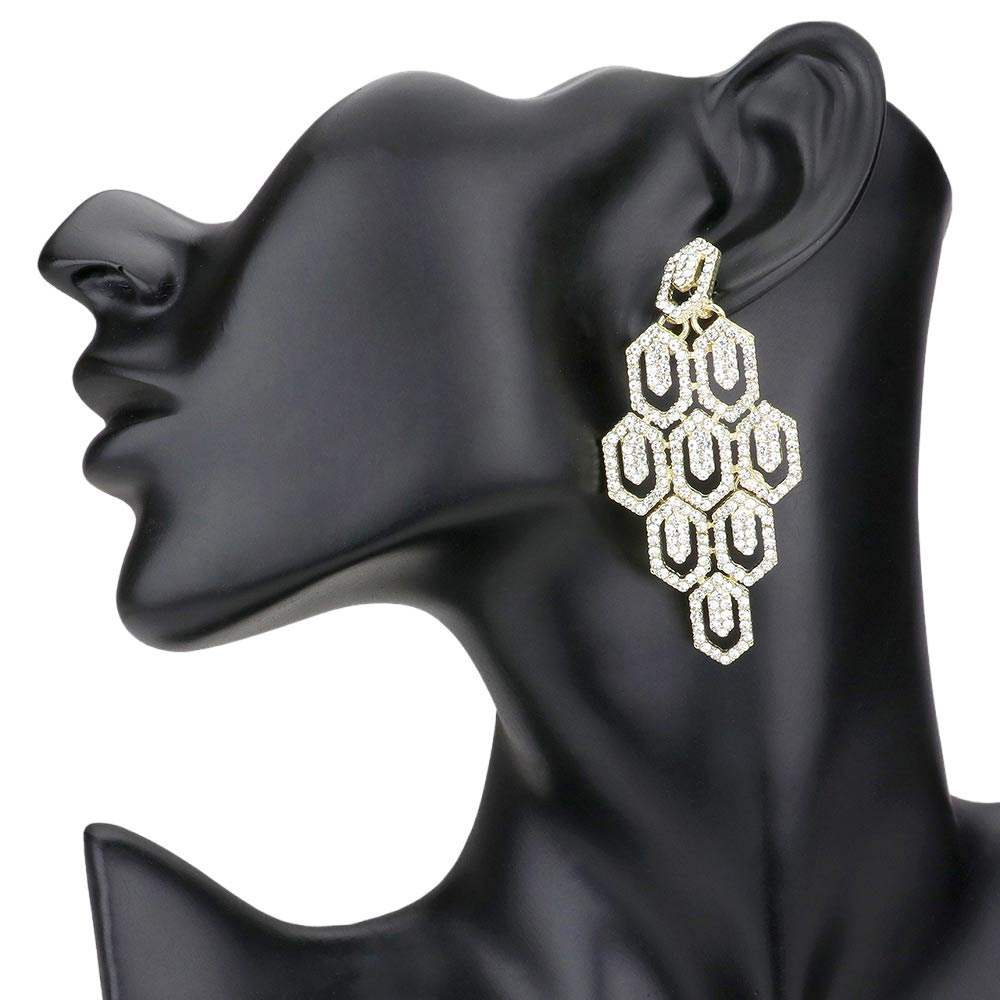 Rhinestone Pave Hexagon Link Statement Evening Earrings - Madeline Love - Flyclothing LLC