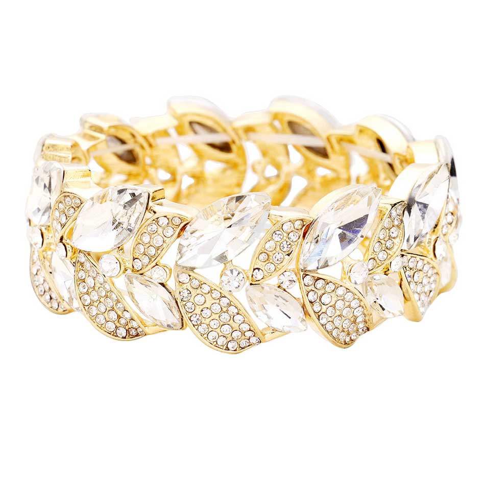 Rhinestone Pave Marquise Stone Leaf Stretch Evening Bracelet - Madeline Love - Flyclothing LLC