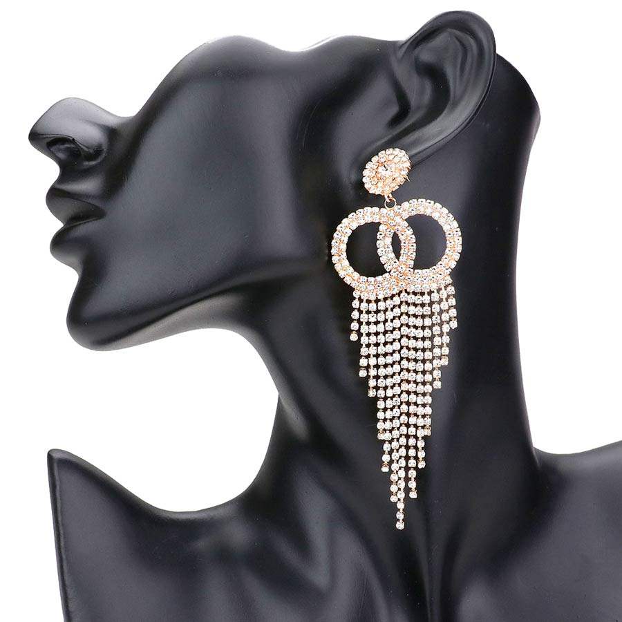 Rhinestone Pave Open Double Circle Fringe Evening Earrings - Madeline Love - Flyclothing LLC