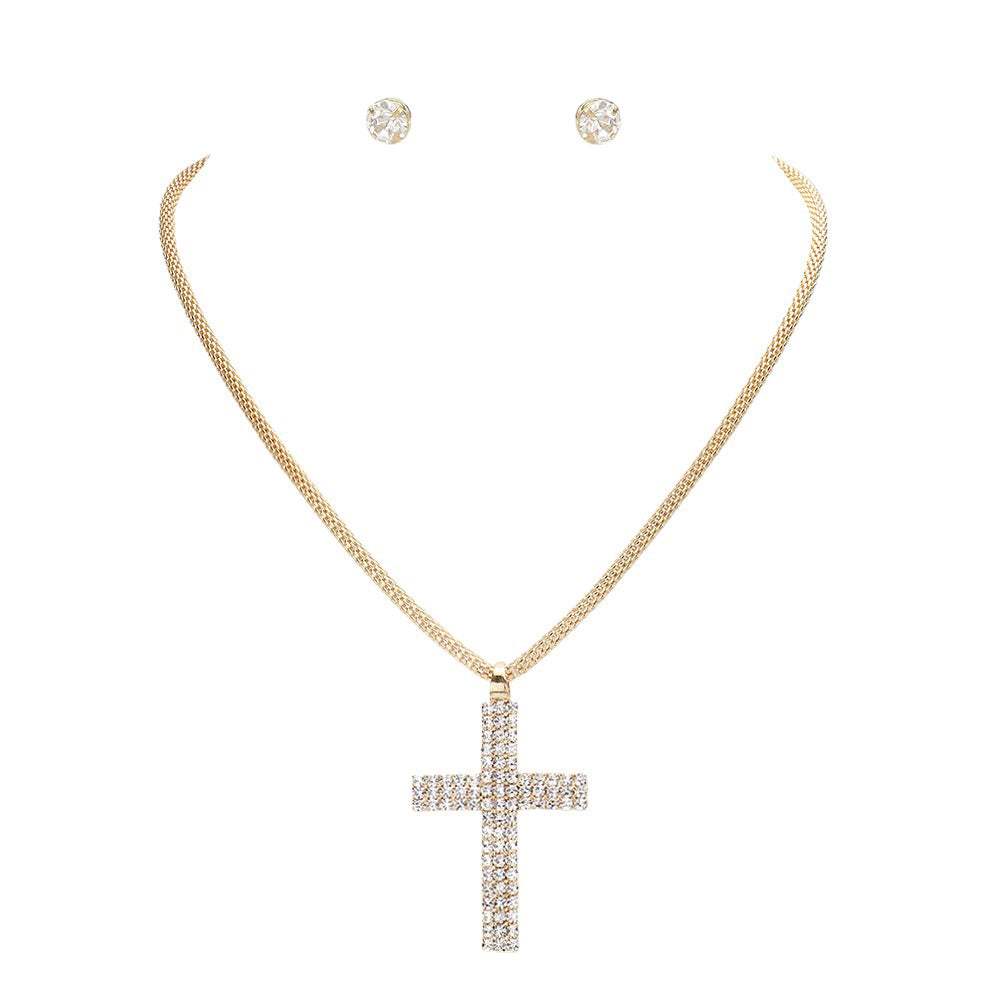 Rhinestone Paved Cross Pendant Jewelry Set - Madeline Love - Flyclothing LLC