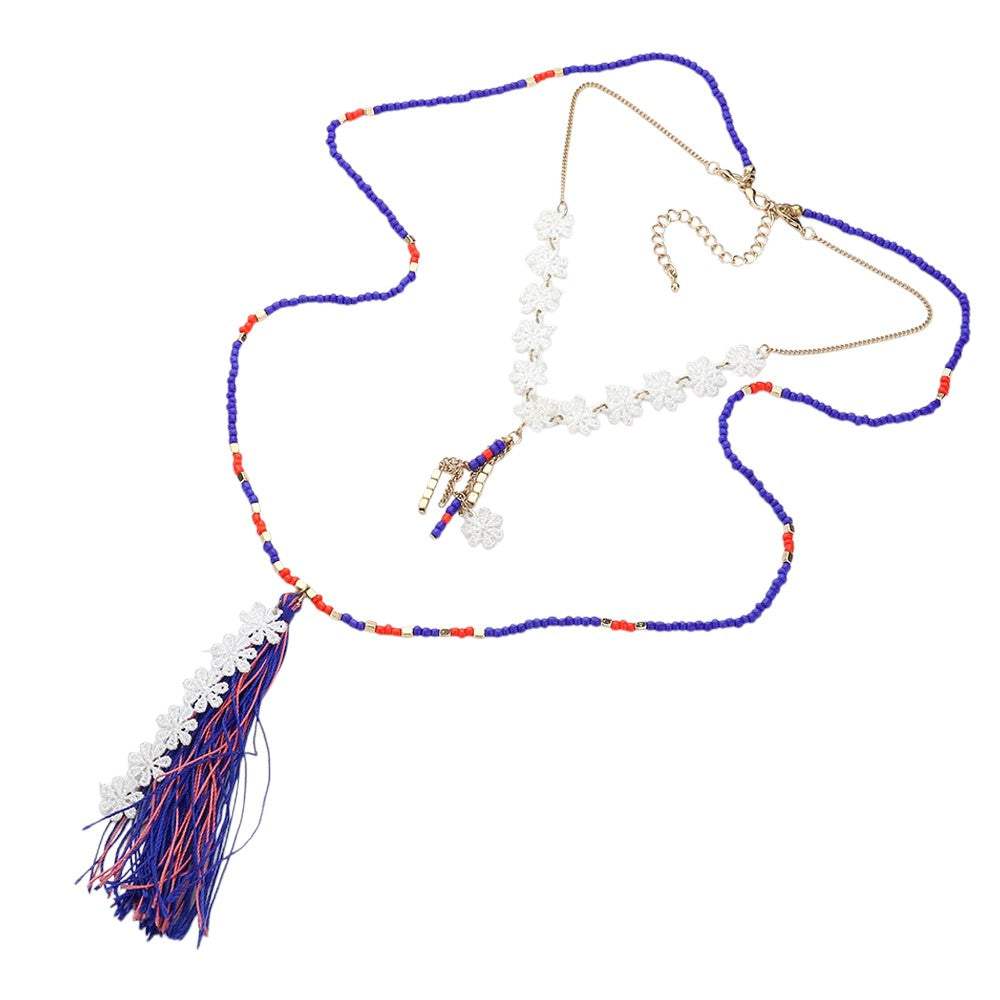 Double layer flower tassel drop beaded long necklace - Madeline Love - Flyclothing LLC