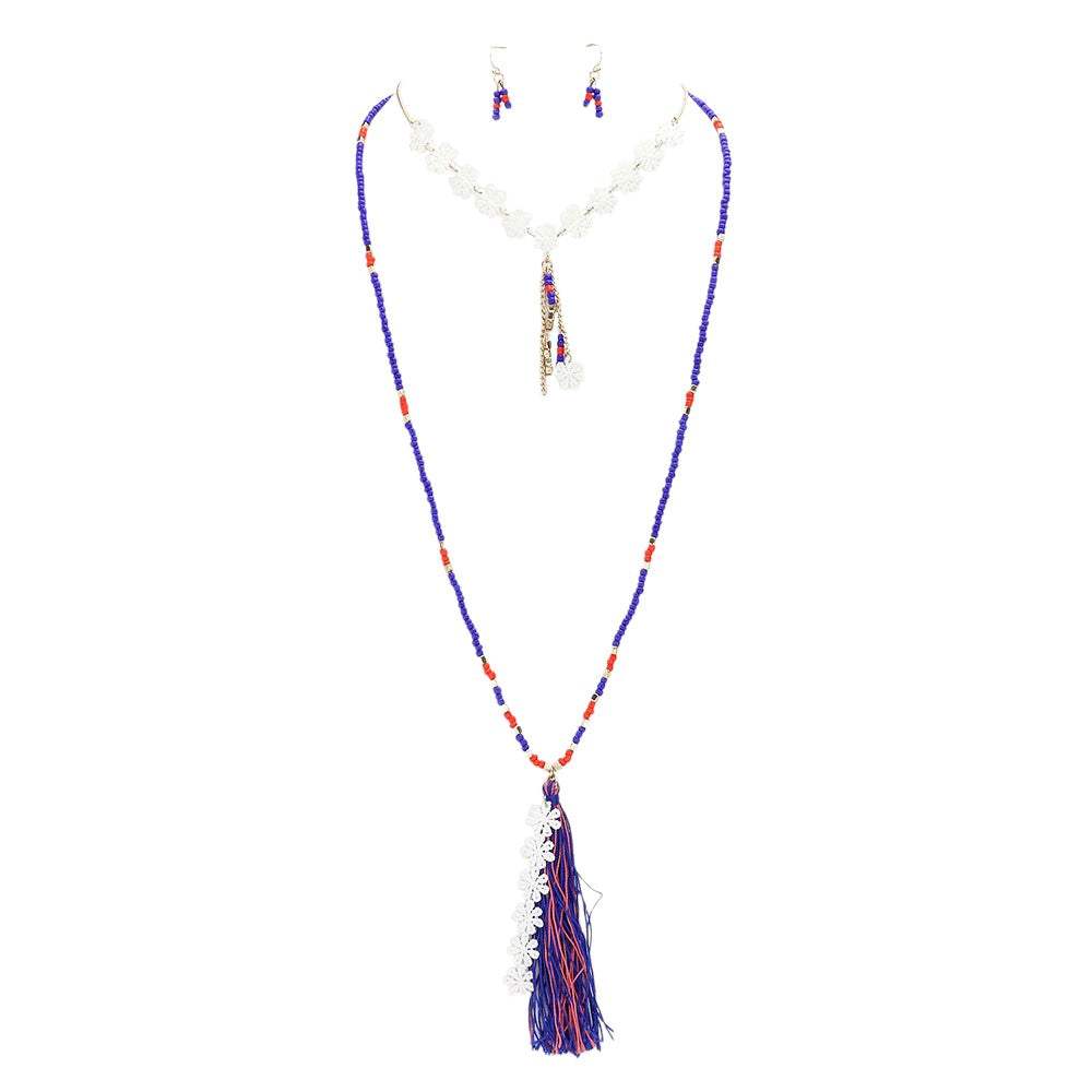 Double layer flower tassel drop beaded long necklace - Madeline Love - Flyclothing LLC