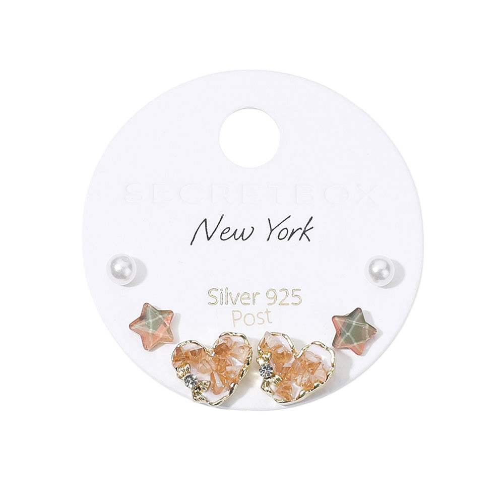 SECRET BOX_925 Sterling Silver Post Heart Stone Star Pearl 3 Pairs Stud Earring Set - Madeline Love - Flyclothing LLC