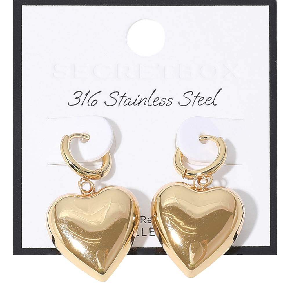 SECRET BOX Stainless Steel Heart Dangle Huggie Hoop Earrings - Madeline Love - Flyclothing LLC