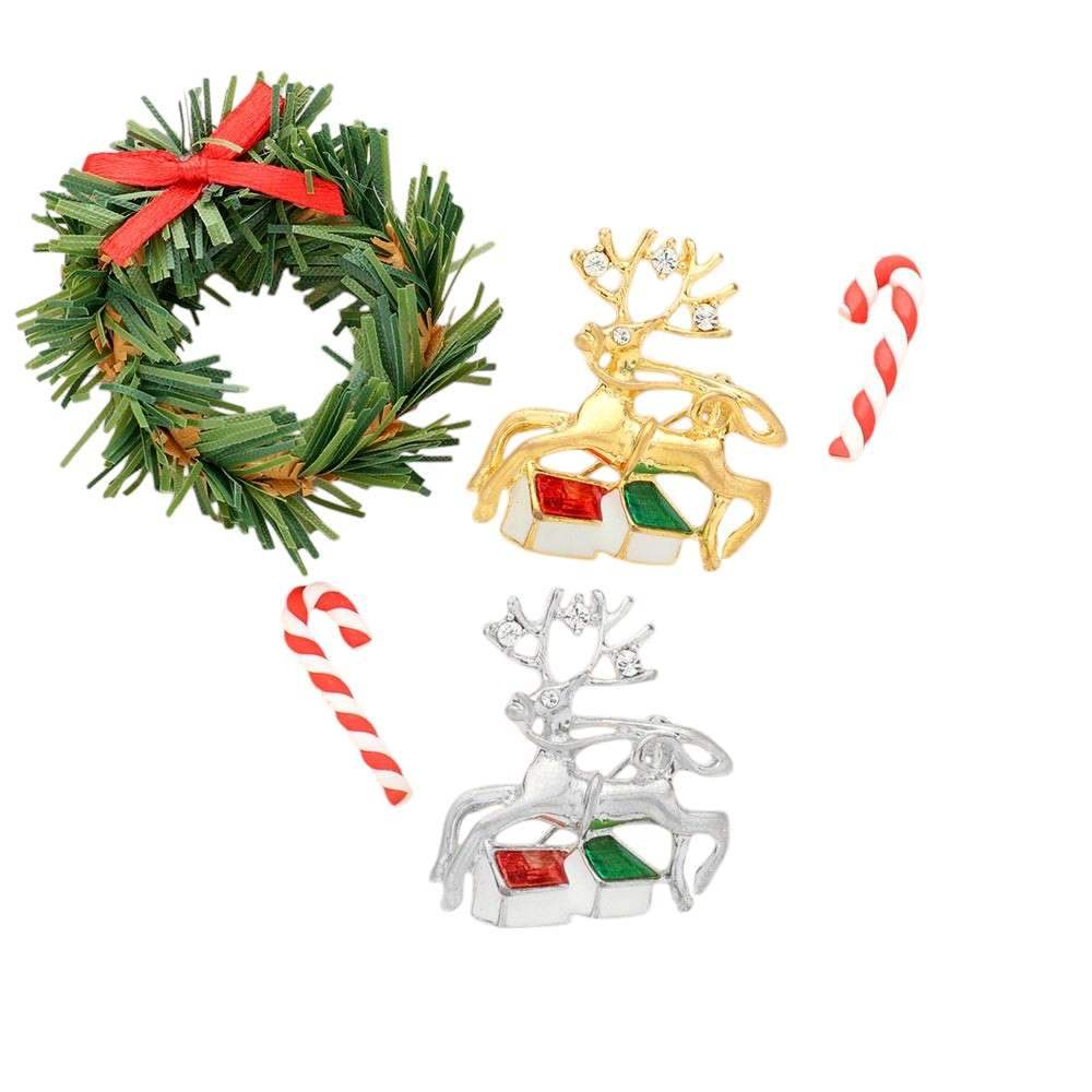 Stone Embellished Metal Reindeer Brooch - Madeline Love - Flyclothing LLC