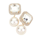 Square Stone Pearl Link Dangle Evening Clip on Earrings - Madeline Love - Flyclothing LLC