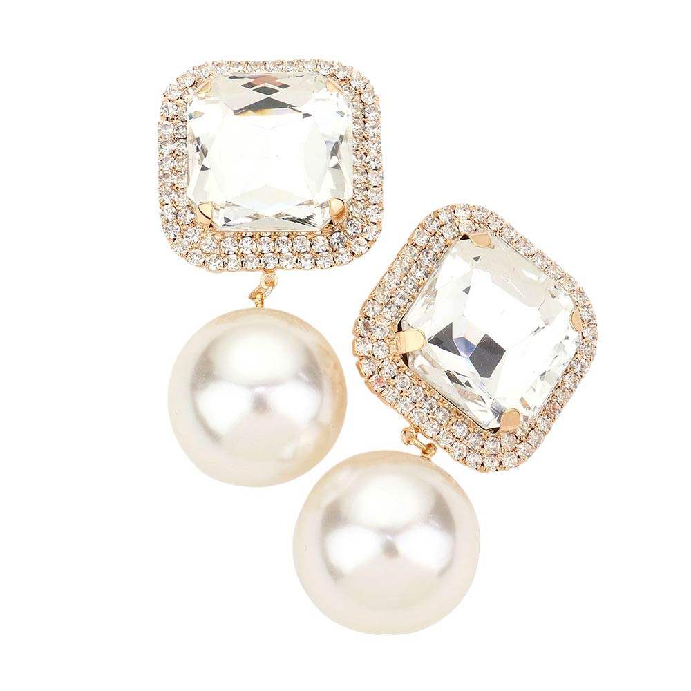 Square Stone Pearl Link Dangle Evening Clip on Earrings - Madeline Love - Flyclothing LLC