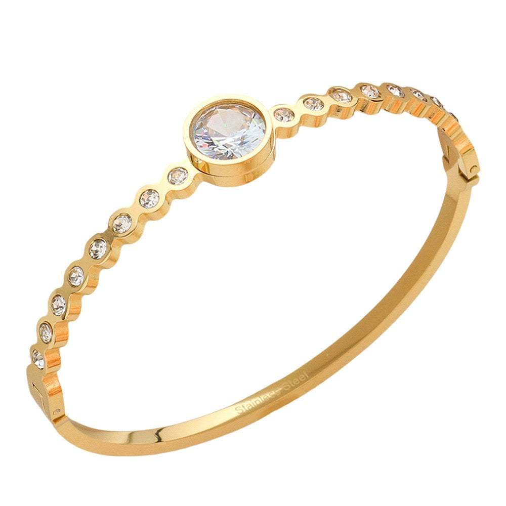 Stainless Steel Round CZ Stone Bezel Hinged Bangle Bracelet - Madeline Love - Flyclothing LLC