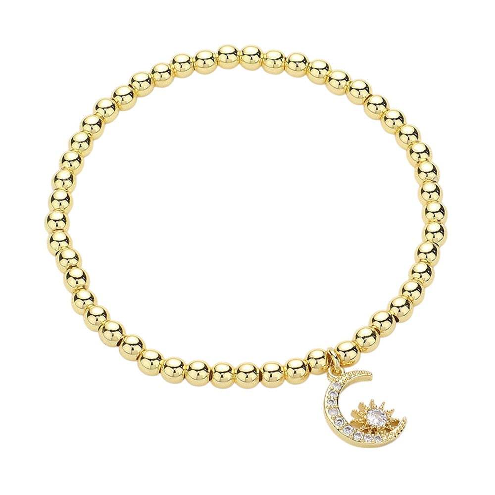 Stainless Steel Stone Paved Crescent Star Charm Stretch Ball Bracelet - Madeline Love - Flyclothing LLC