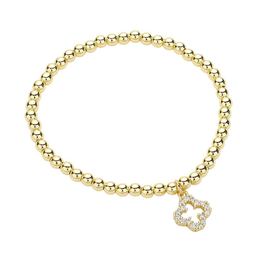 Stainless Steel Stone Paved Open Quatrefoil Charm Stretch Ball Bracelet - Madeline Love - Flyclothing LLC