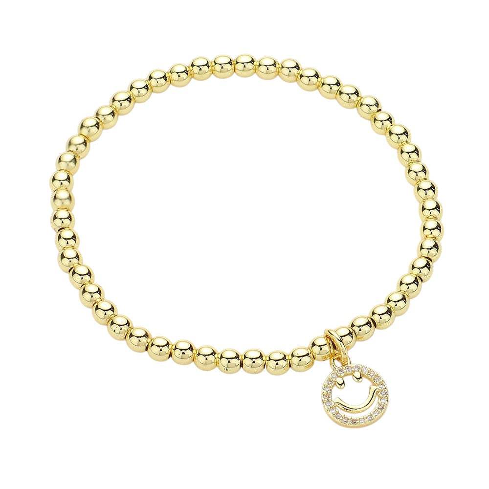 Stainless Steel Stone Paved Smile Emoji Charm Stretch Ball Bracelet - Madeline Love - Flyclothing LLC