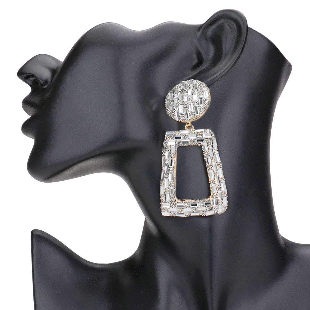 Stone Embellished Chunky Open Rectangle Evening Earrings - Madeline Love - Flyclothing LLC