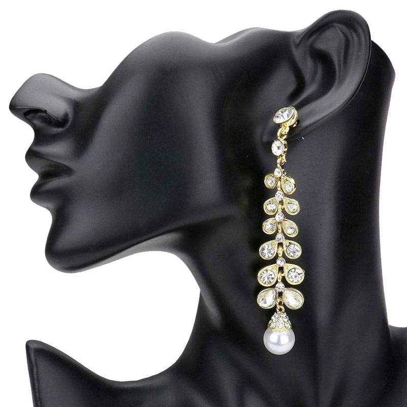 Stone Embellished Leaf Pearl Link Dangle Evening Earrings - Madeline Love - Flyclothing LLC