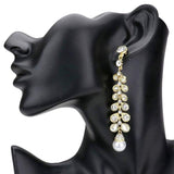 Stone Embellished Leaf Pearl Link Dangle Evening Earrings - Madeline Love - Flyclothing LLC