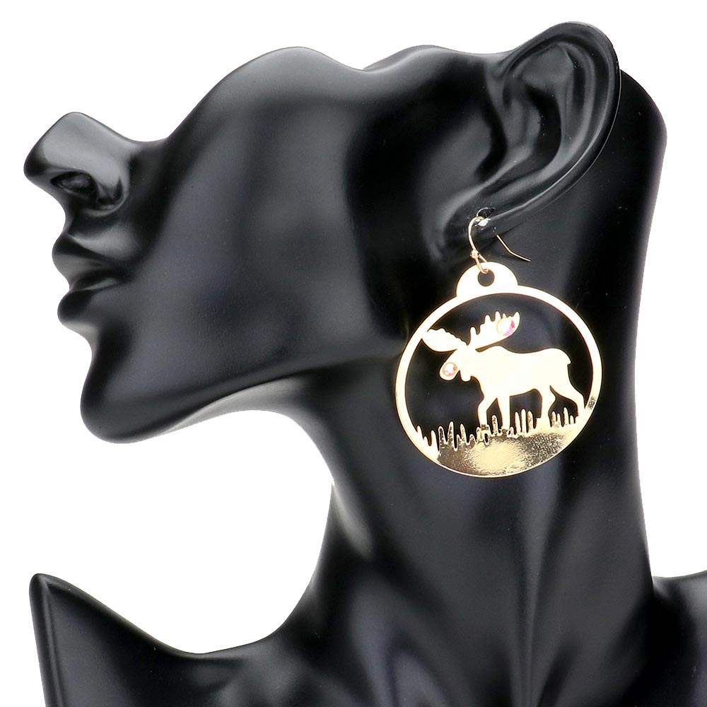 Stone Embellished Rudolph Accented Brass Dangle Earrings - Madeline Love - Flyclothing LLC