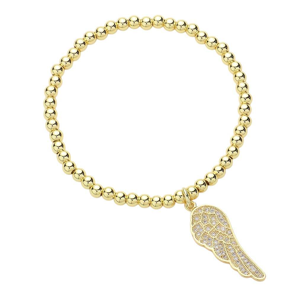 Stone Paved Wing Charm Stainless Steel Beaded Stretch Bracelet - Madeline Love - Flyclothing LLC