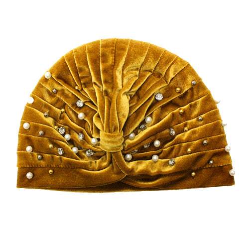Stone Pearl Detailed Pleated Turban Beanie Hat - Madeline Love - Flyclothing LLC