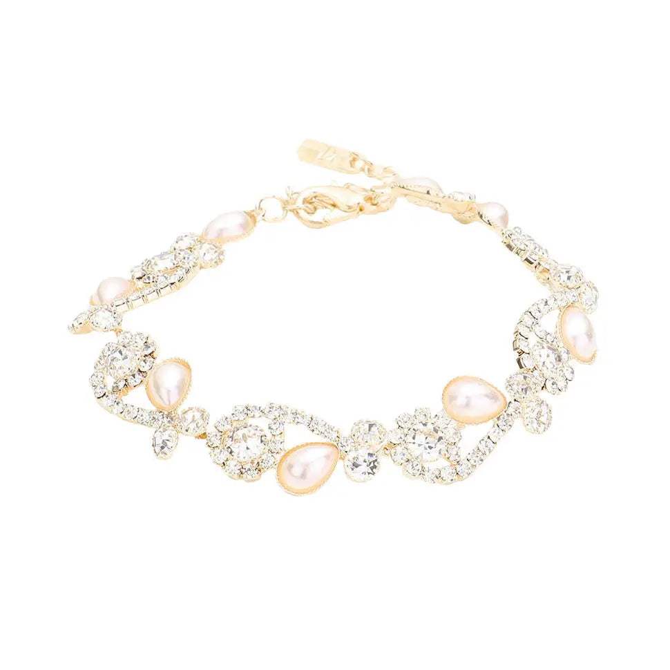 Teardrop Pearl Rhinestone Pave Floral Evening Bracelet - Madeline Love - Flyclothing LLC