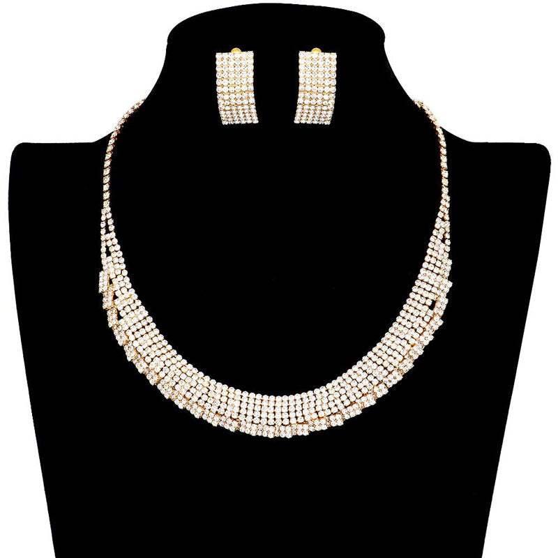 Trendy Crystal Rhinestone Pave Collar Necklace Earring Set - Madeline Love - Flyclothing LLC