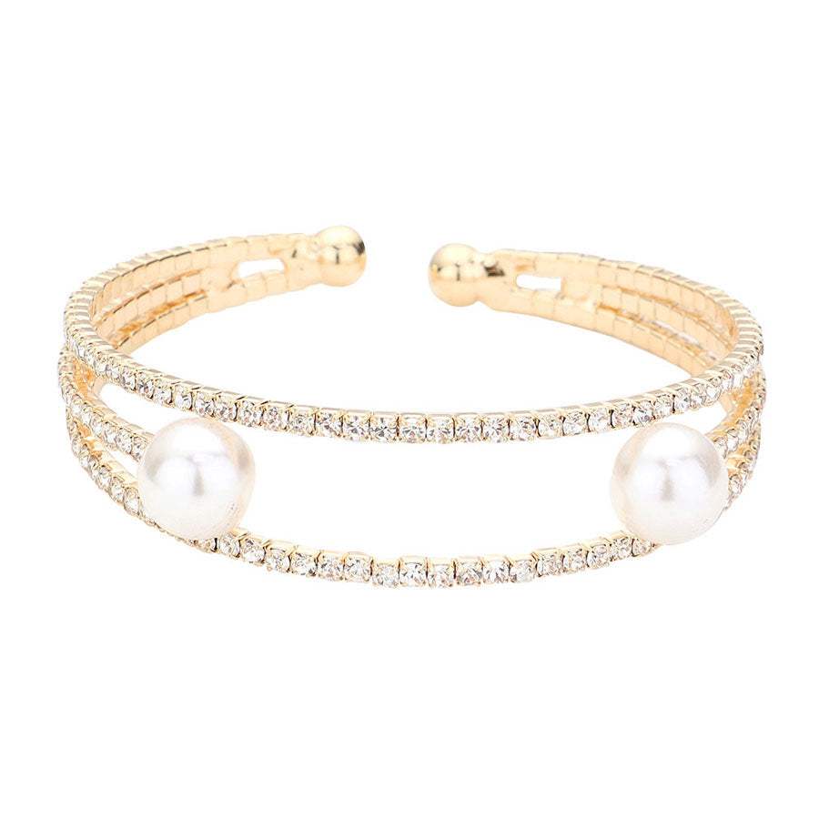 Trendy Pearl Accented Split Rhinestone Cuff Evening Bracelet - Madeline Love - Flyclothing LLC