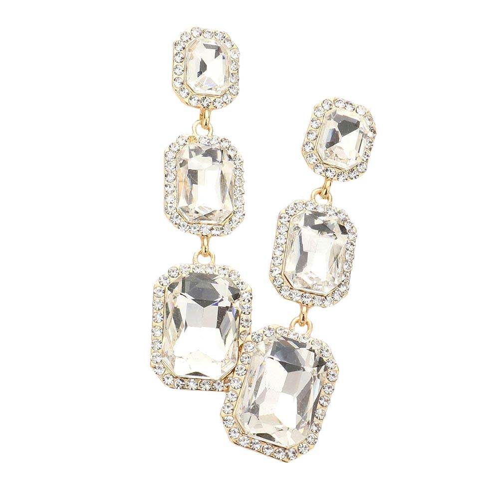 Triple Emerald Cut Stone Link Dangle Evening Earrings - Madeline Love - Flyclothing LLC