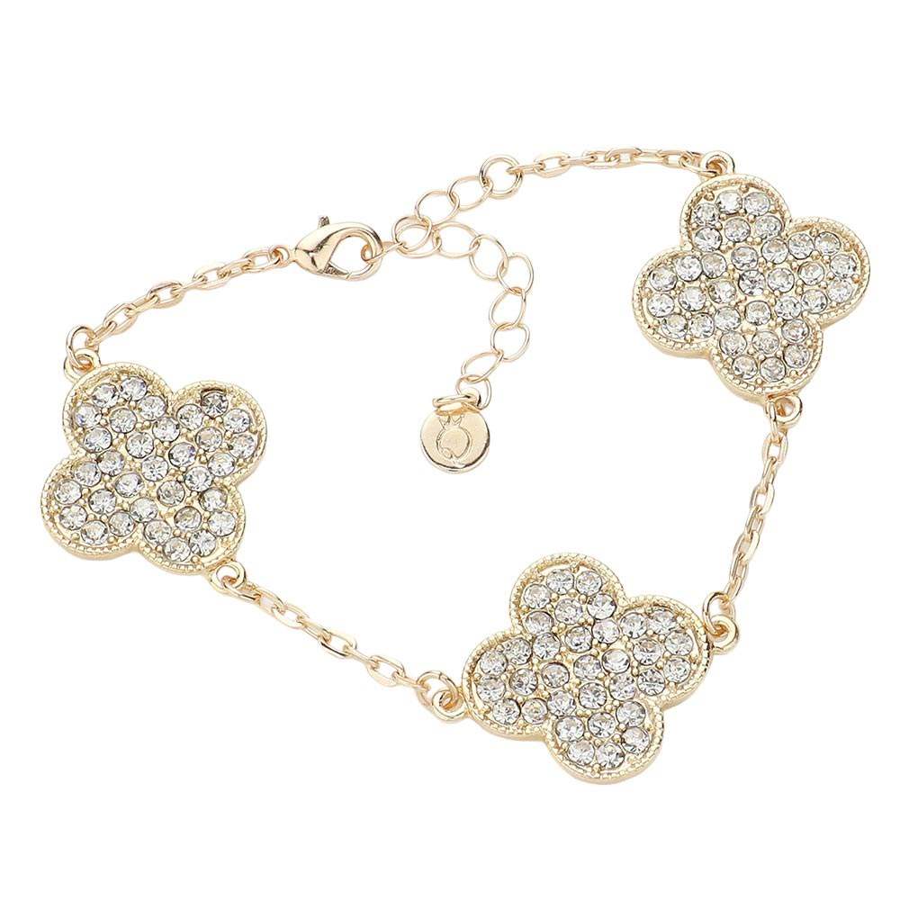Triple Stone Paved Quatrefoil Link Bracelet - Madeline Love - Flyclothing LLC