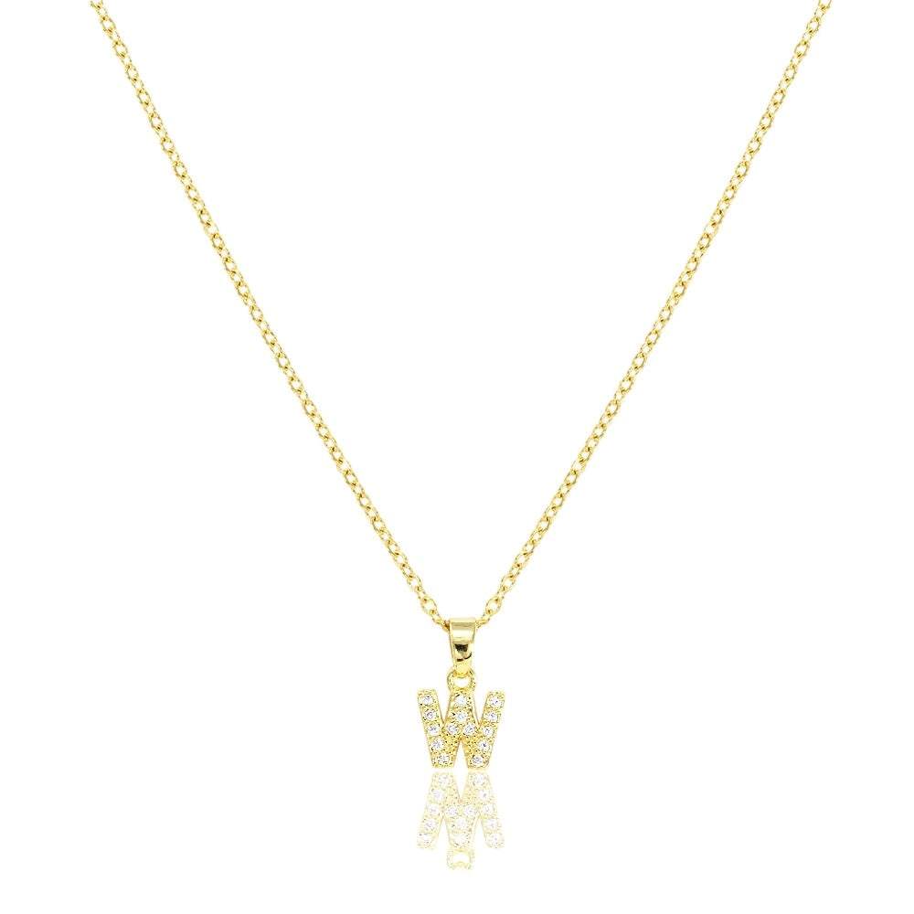 W Stainless Steel CZ Stone Paved Monogram Pendant Necklace - Madeline Love - Flyclothing LLC