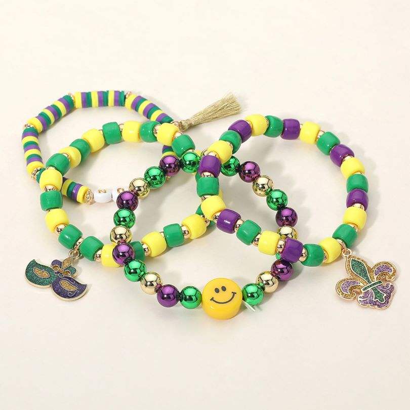 4PCS - Mardi Gras Eye Mask Fleur de Lis Charm Smile Beaded Stretch Multi Layered Bracelets - Madeline Love - Flyclothing LLC
