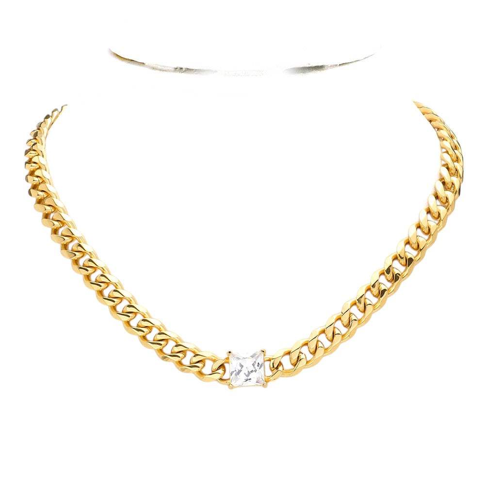 18K Gold Dipped Stainless Steel CZ Square Stone Necklace - Madeline Love - Flyclothing LLC