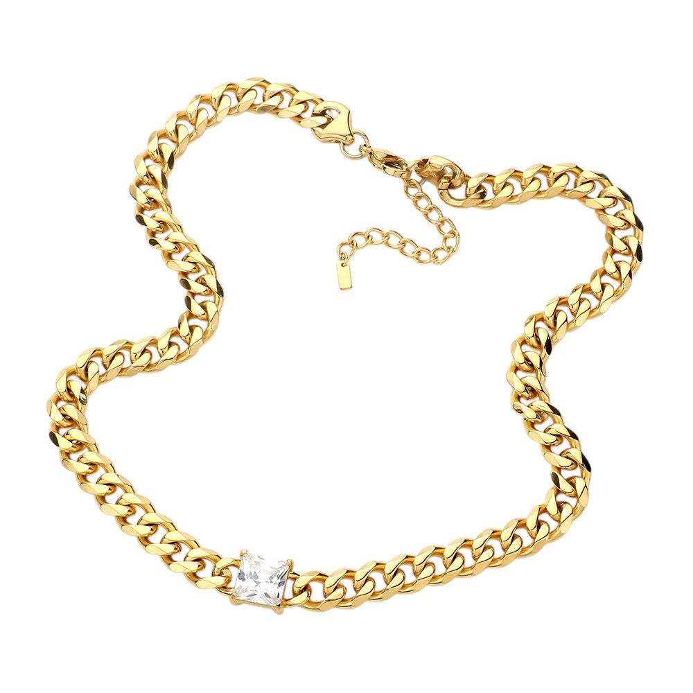 18K Gold Dipped Stainless Steel CZ Square Stone Necklace - Madeline Love - Flyclothing LLC