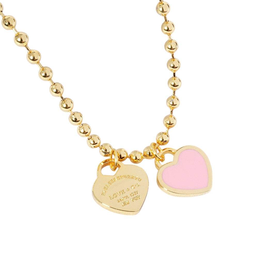 Gold Dipped Double Heart Pendant Bubble Chain Necklace - Madeline Love - Flyclothing LLC