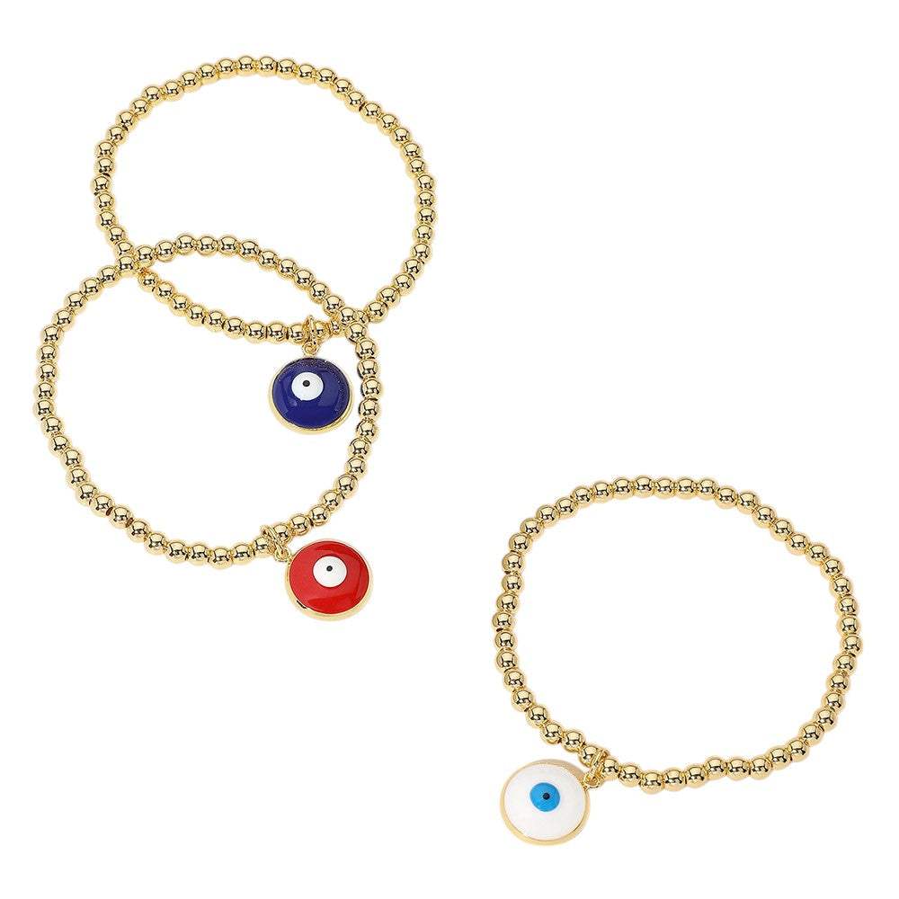 Stainless Steel Ball Evil Eye Charm Beaded Stretch Bracelet - Madeline Love - Flyclothing LLC
