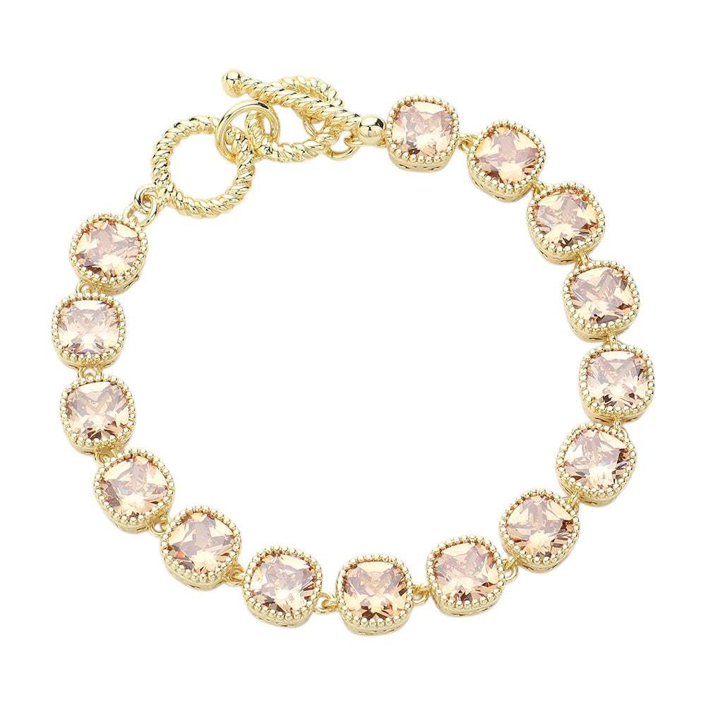 14K Gold Plated Square CZ Stone Link Evening Toggle Bracelet - Madeline Love - Flyclothing LLC